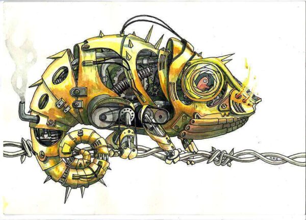 Caméléon robot, jaune, aquarelle et stylo