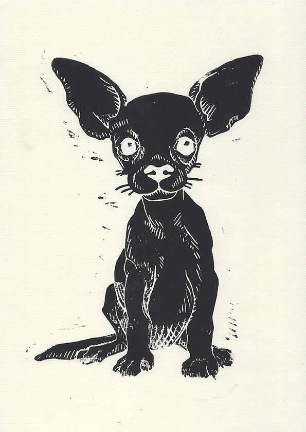 Linogravure, Petit chien en noir et blanc