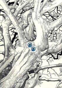 Stylo et aquarelle, arbre à yeux bleus