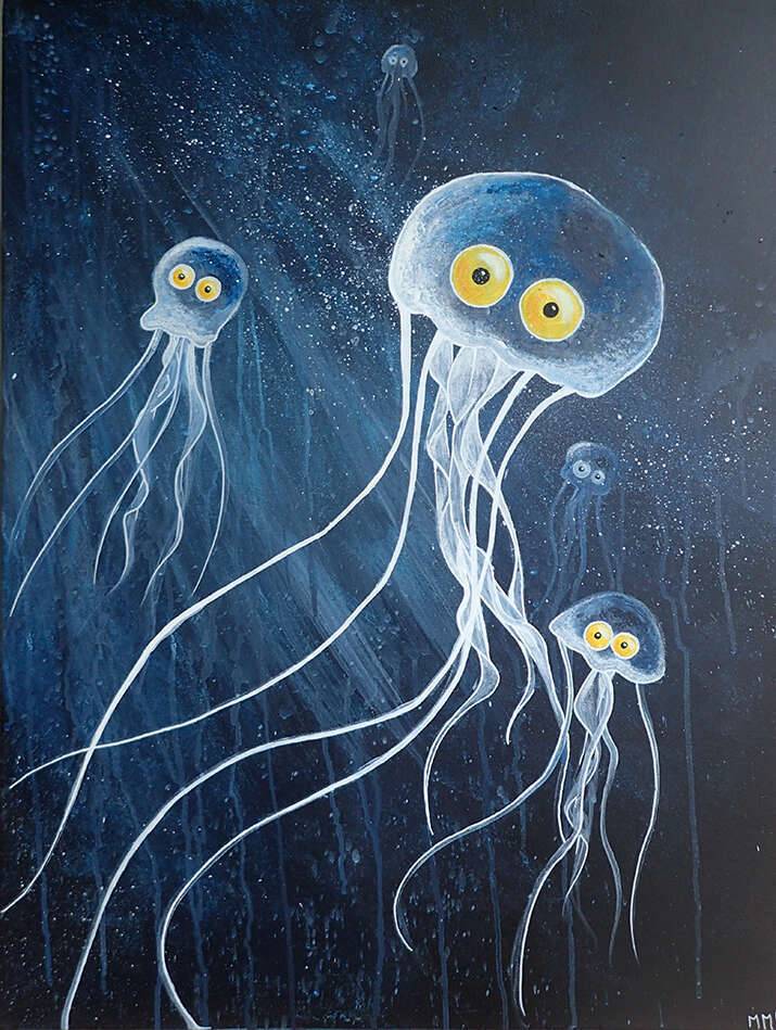 Acrylique sur toile de méduses avec des yeux