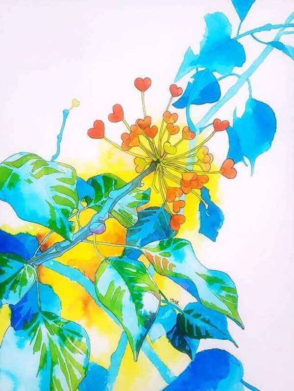 arbre très coloré avec des fleurs en forme de cœur