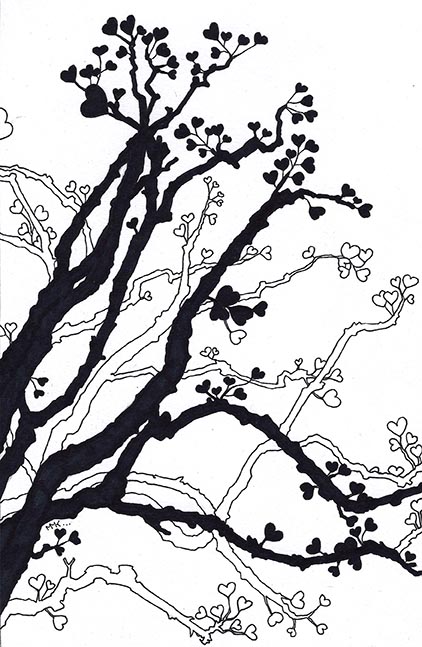 Dessin au stylo, représentant une silhouette d'arbres dont les feuilles sont de petits cœurs noirs ou blancs