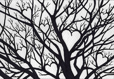Un arbre en hiver, qui forme une silhouette de cœurs avec ses branches. Dessin au stylo.
