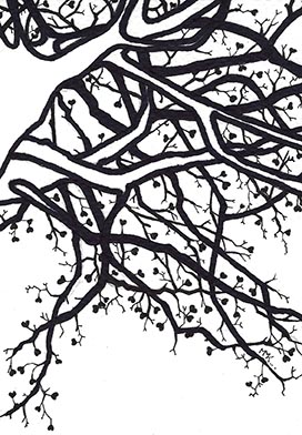 Dessin au stylo, représentant une silhouette d'arbres dont les feuilles sont de petits cœurs noirs