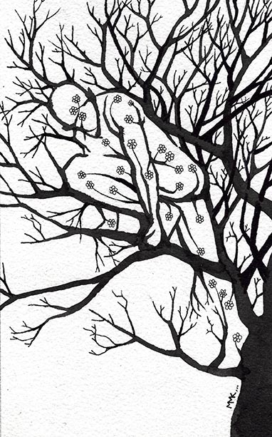 Un arbre en hiver, qui forme une silhouette masculine avec ses branches et des petites fleurs. Dessin au stylo.