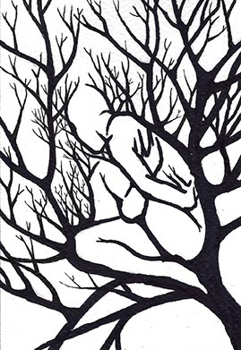 Un arbre en hiver, qui forme une silhouette féminine avec ses branches. Dessin au stylo.