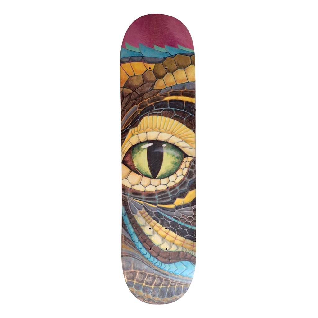 Skateboard œil de dragon, teintes jaunes et sombres