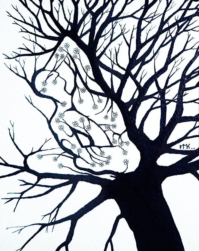silhouette d'homme assis dessinée avec les branches d'un arbre en hiver. il y a des fleurs à l’intérieur du corps
